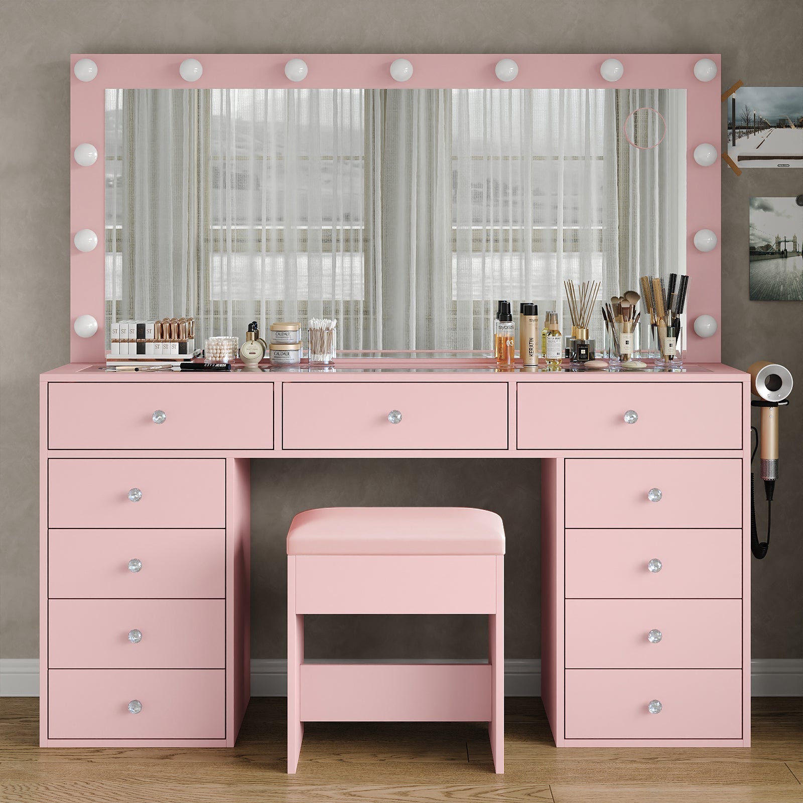 11-Drawer LED Mirror Vanity Desk - Vektaya