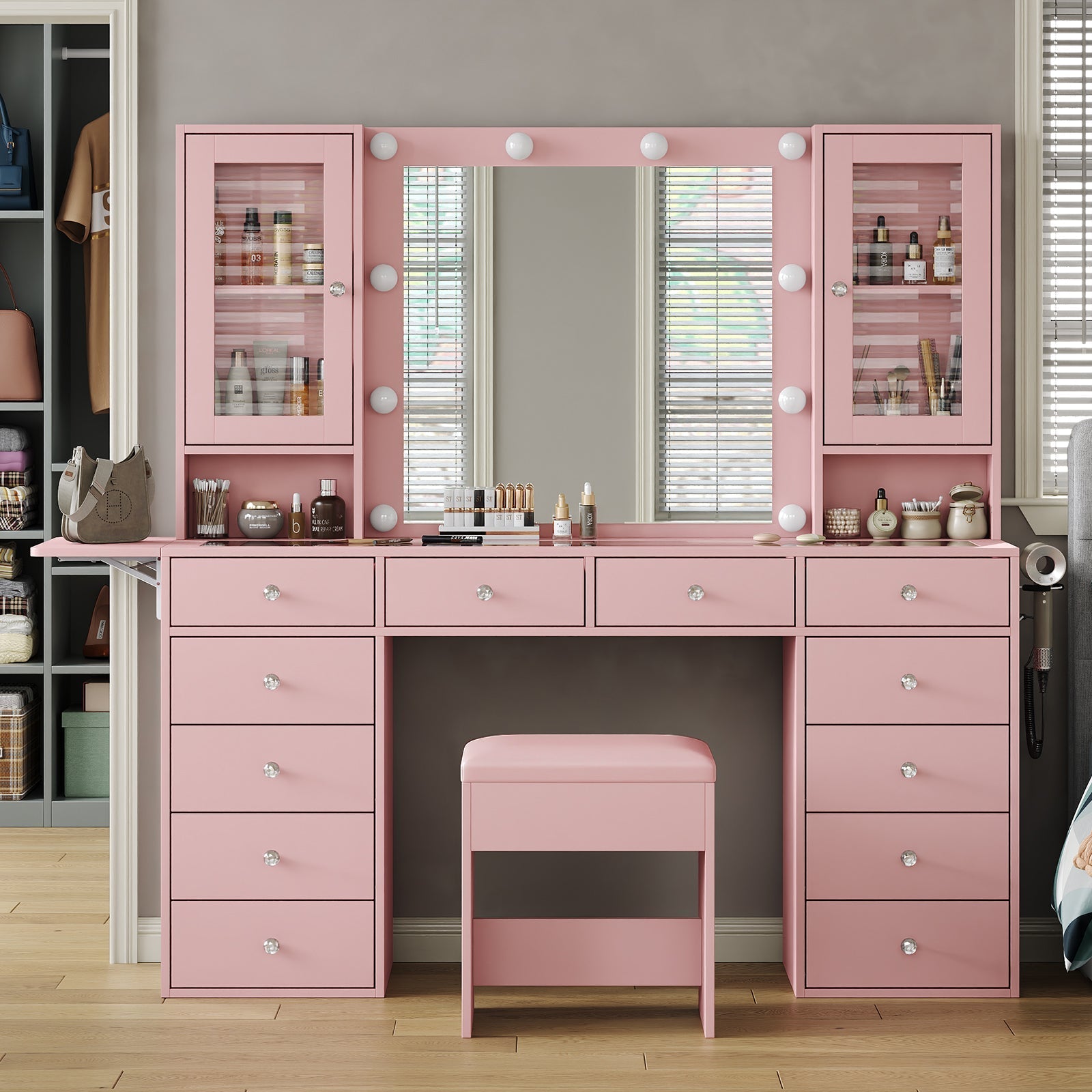 12-Drawer LED Mirror Vanity Desk - Vektaya