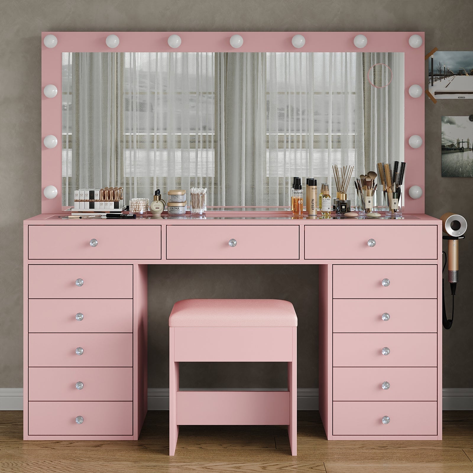 13-Drawer LED Mirror Vanity Desk - Vektaya