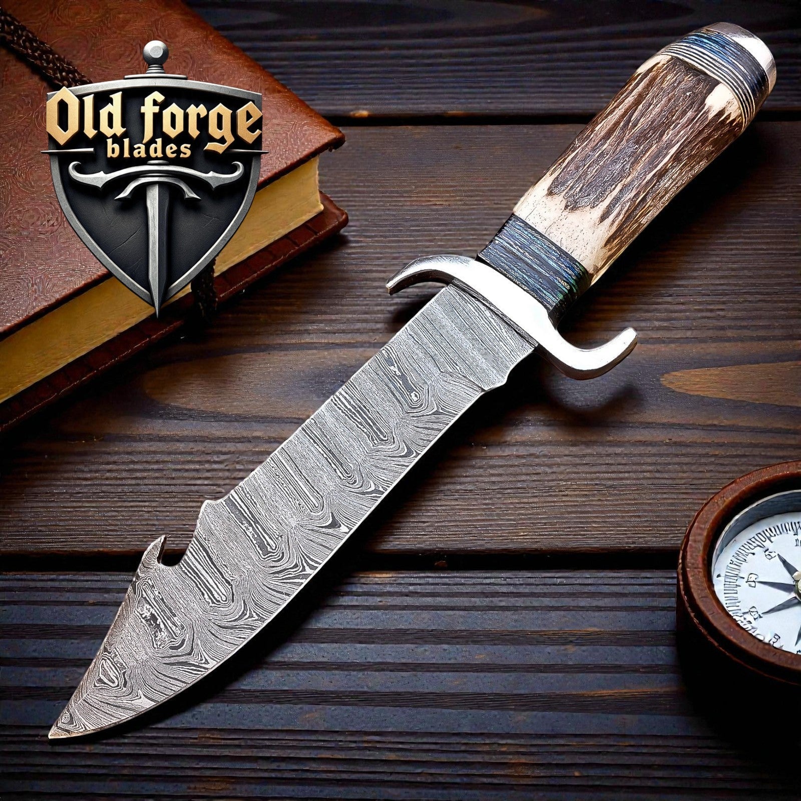 Custom 12" Damascus Knife – Stag Horn Gut Hook bowie Knife