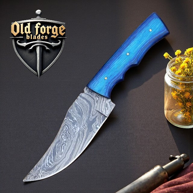 9” Custom Damascus Hunting Knife with Wood Handle