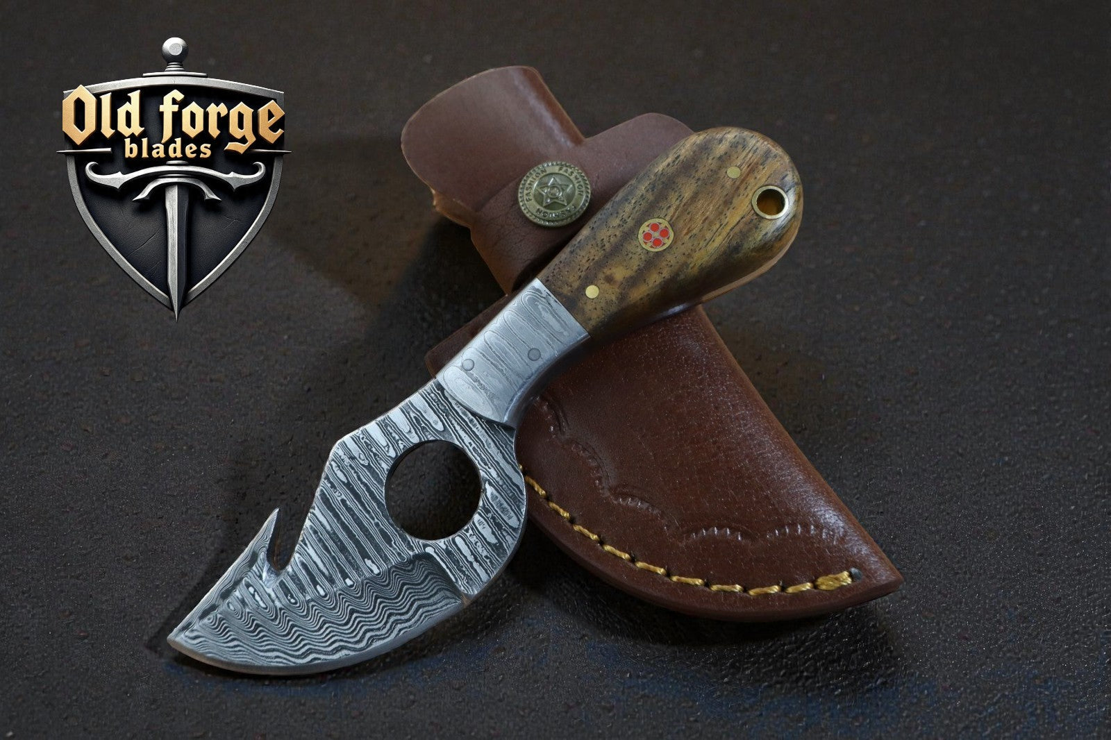 Damascus Steel Skinning Knife with Gut Hook - Fixed Blade Deer Hunting Knife