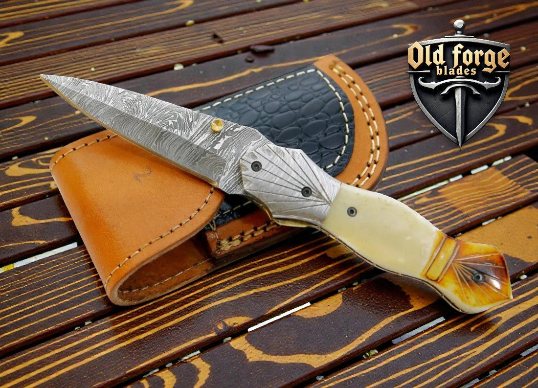 Premium Damascus Pocket Knife – Bone Handle & Liner Lock
