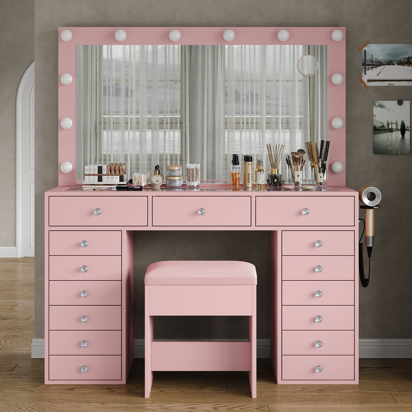 15-Drawer LED Mirror Vanity Desk - Vektaya