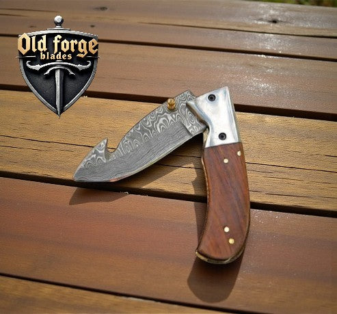 Damascus Folding Knife – 3" Liner Lock, Rosewood Handle
