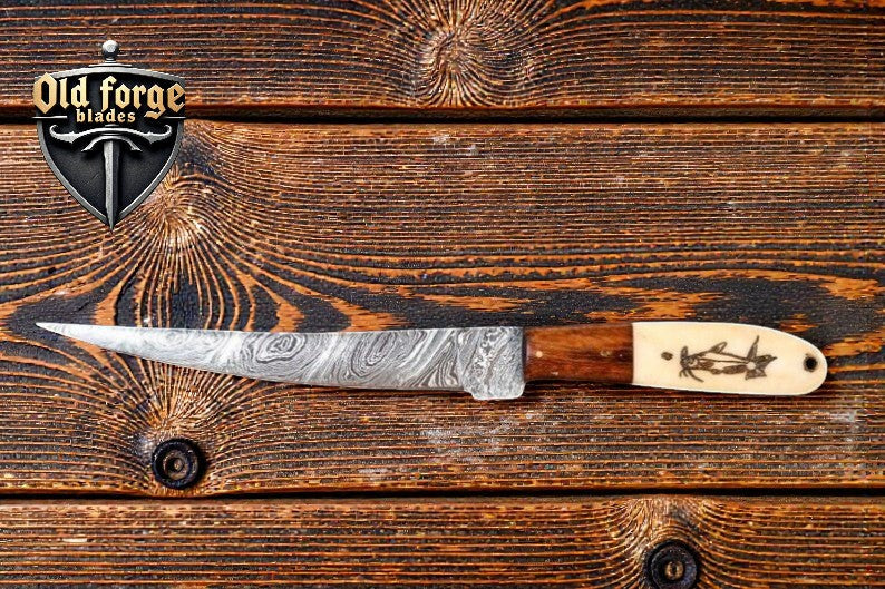Handmade Damascus Filleting Knife – Camel Bone & Rosewood