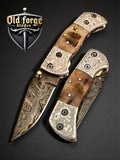 Handmade Damascus Pocket Knife Engraved – Sheep Horn Handle