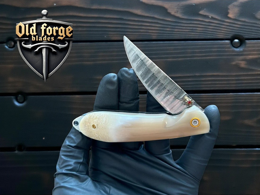 Handmade Damascus Steel Foldable Pocket Knife with Bone Handle