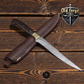 Custom 13” Damascus Fillet Knife – 8” Flexible Blade, Rose Wood Handle with Brass Bolster & Leather Case