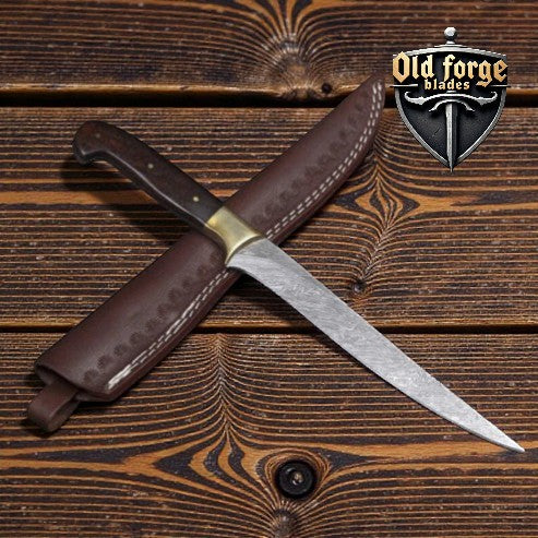 Custom 13” Damascus Fillet Knife – 8” Flexible Blade, Rose Wood Handle with Brass Bolster & Leather Case