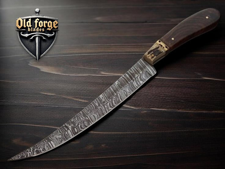 Premium Damascus Fillet Knife – Rosewood & Antler Handle