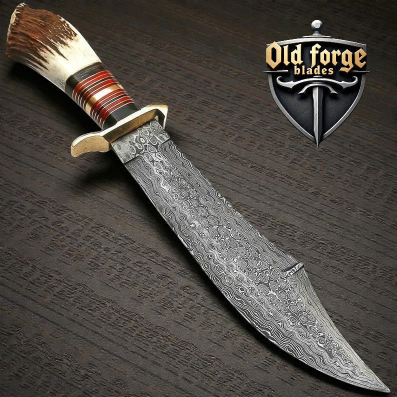 Handmade Damascus Camp Knife – 16" Stag Bone Handle