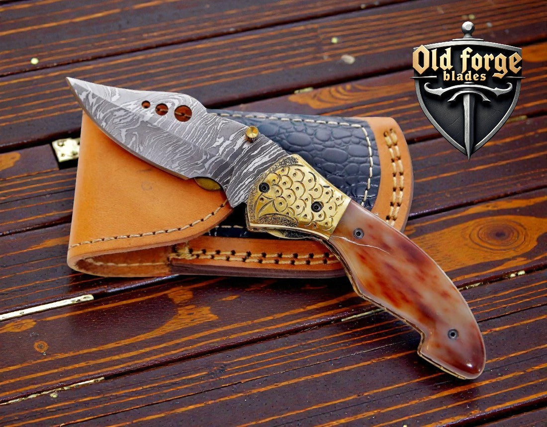 Unique Damascus Steel Pocket Knife – Colored Bone Handle