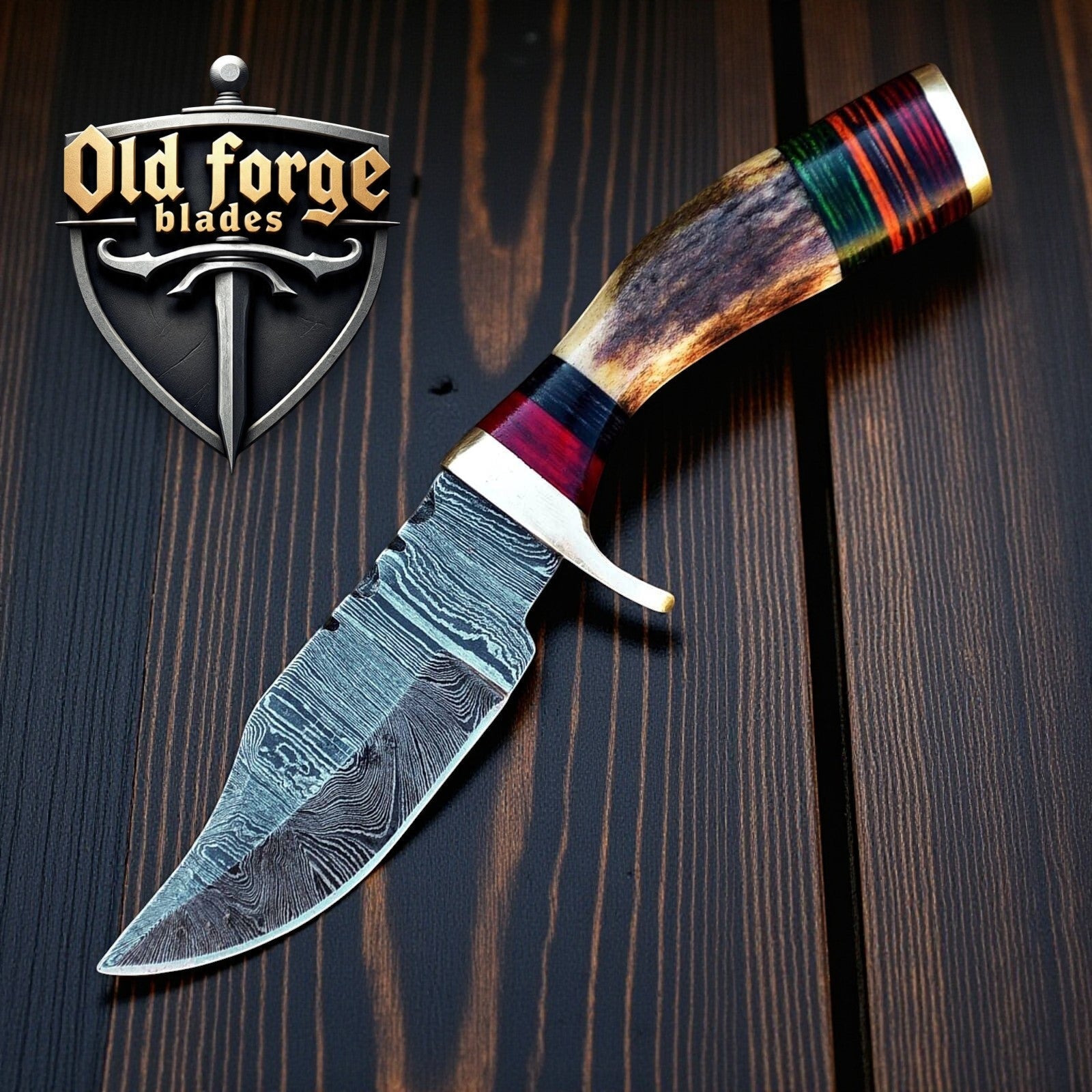 Custom Handmade Damascus Hunting Knife with Stag Antler Handle