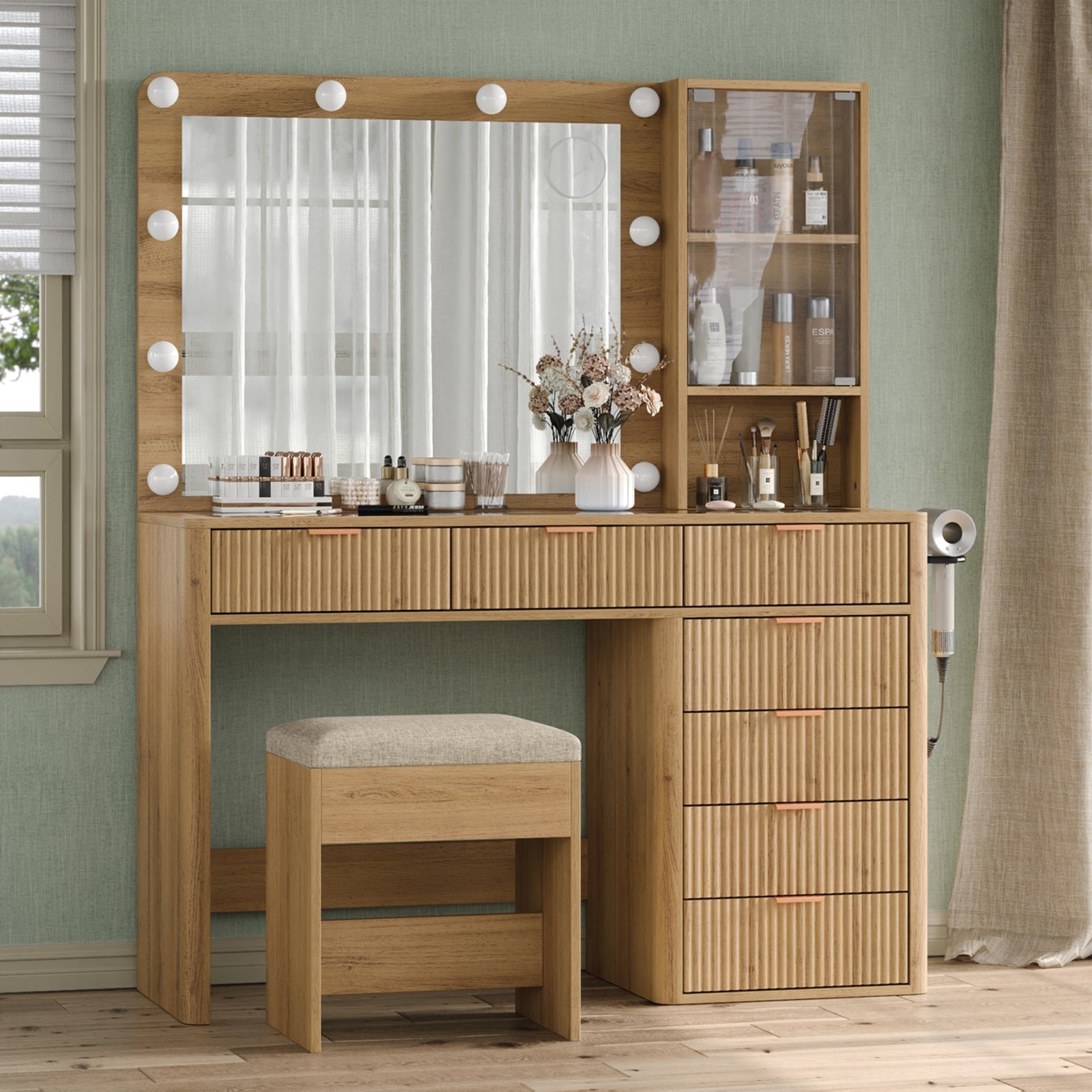 7-Drawer LED Mirror Vanity Desk - Vektaya