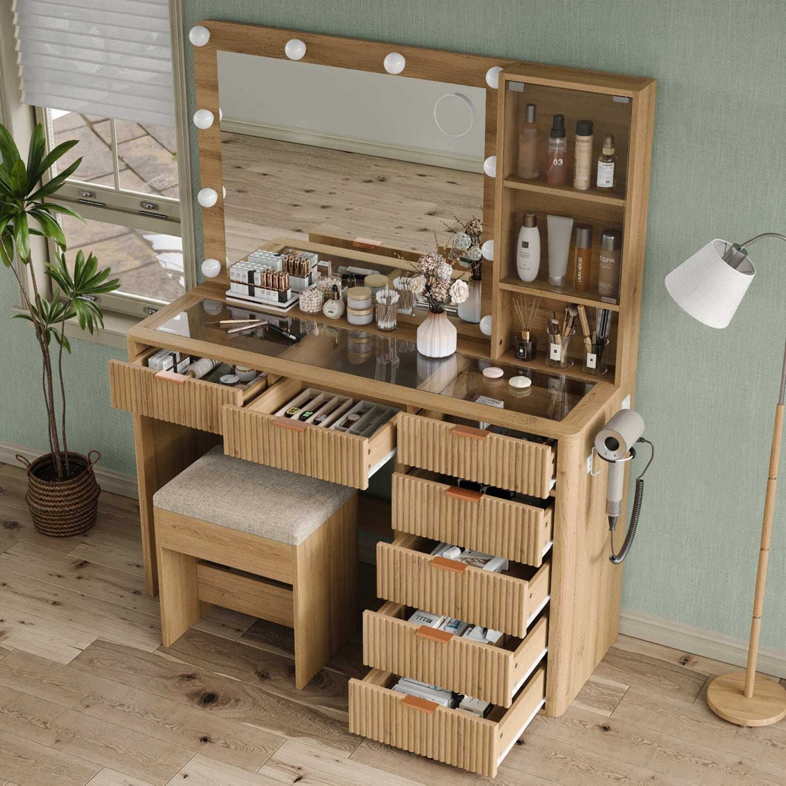7-Drawer LED Mirror Vanity Desk - Vektaya