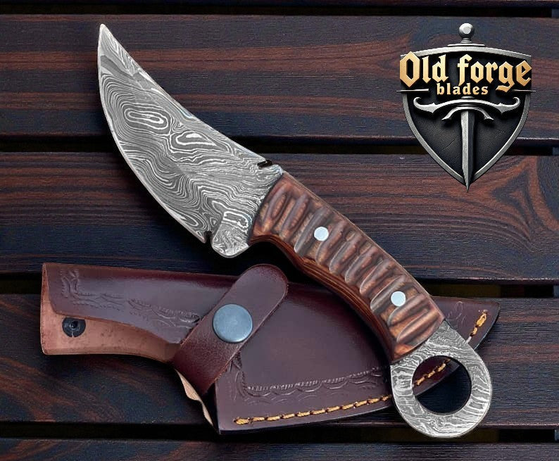 American Made Damascus Hunting Knife with Wood Handle & Leather Sheath