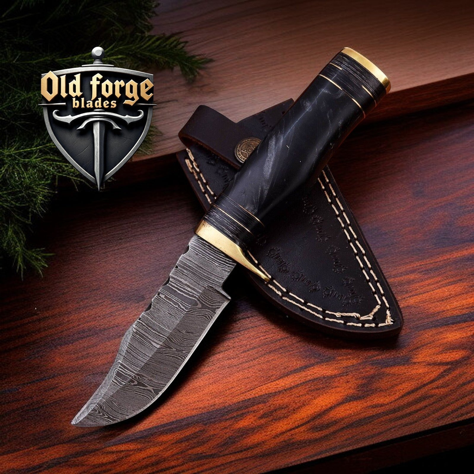 Handmade Damascus Hunting Knife with Black Resin Handle & Leather Sheath