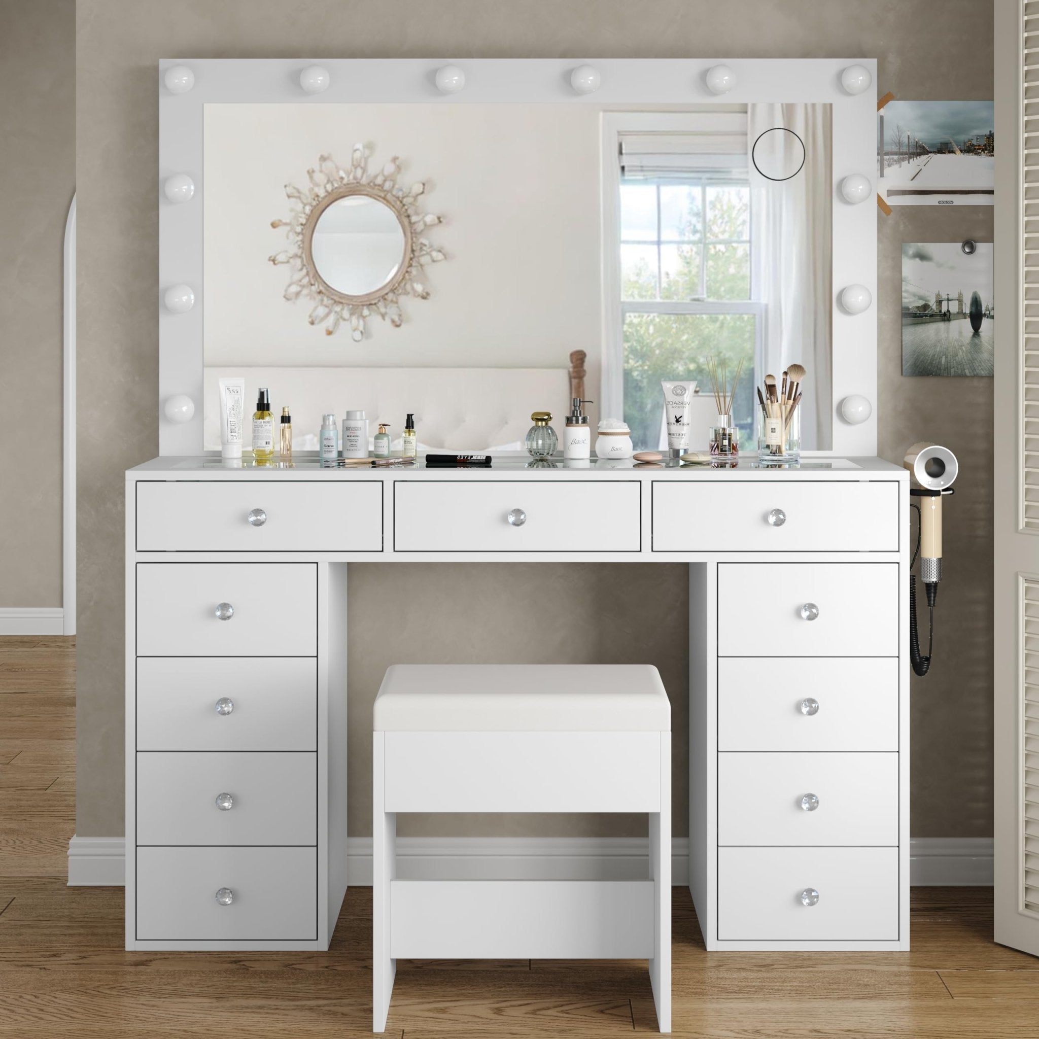 11-Drawer LED Mirror Vanity Desk - Vektaya