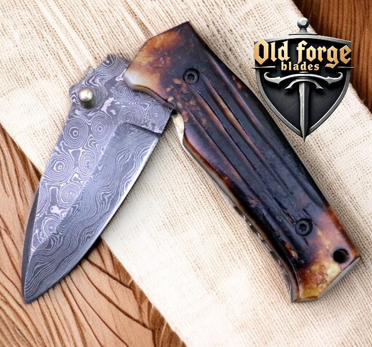 Handmade Damascus Folding Knife – Camel Bone