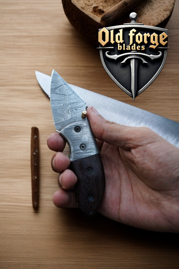 Really Nice Damascus Pocket Knife – Dark Hardwood Handle