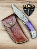 Damascus Pocket Premium Knife – Custom Handmade 3” Feather Pattern Folding Blade