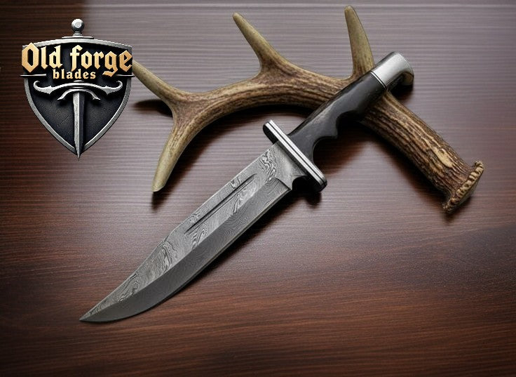 Handmade Custom Damascus Knife – Bowie Blade with Bull Horn Handle