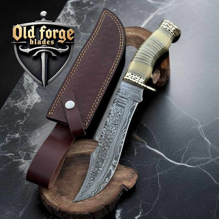 Handmade Damascus Bowie Knife with Camel Bone Handle