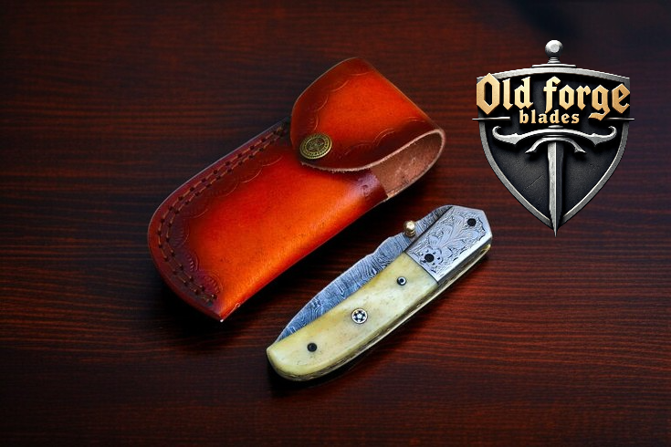 Damascus Pocket Knife – Custom Handmade 3.5” Liner Lock with Camel Bone & Engraved Brass Handle