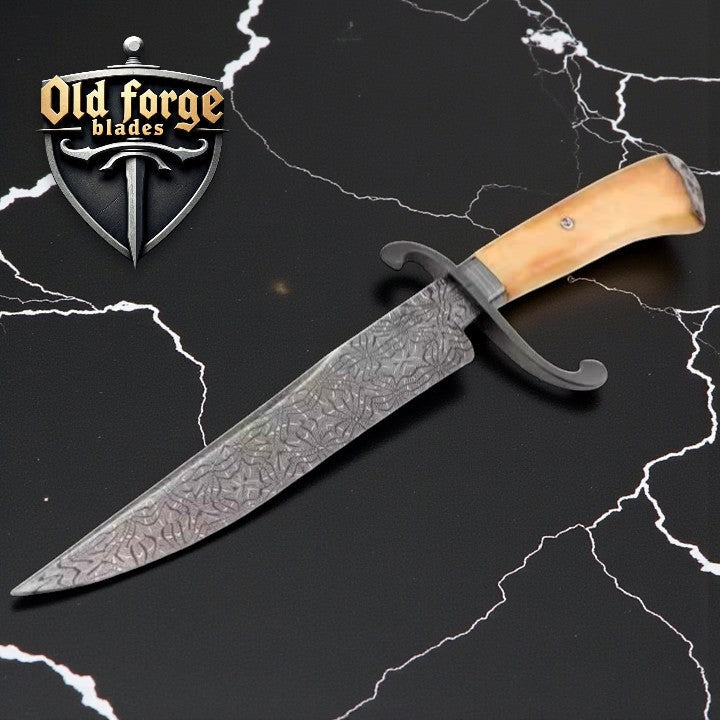Custom Handmade Bowie Knife – Damascus Steel Blade with Space Kitty, Metallic Tusk & Tooth Handle