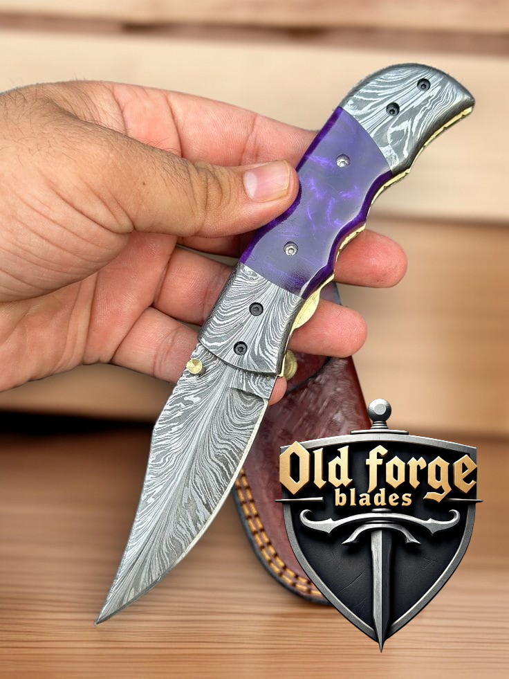 Damascus Pocket Premium Knife – Custom Handmade 3” Feather Pattern Folding Blade