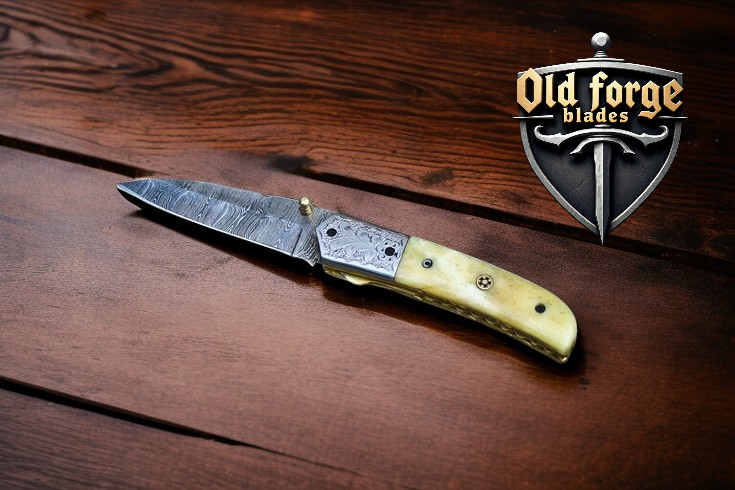 Damascus Pocket Knife – Custom Handmade 3.5” Liner Lock with Camel Bone & Engraved Brass Handle