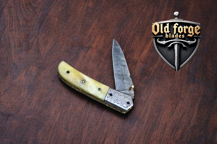 Damascus Pocket Knife – Custom Handmade 3.5” Liner Lock with Camel Bone & Engraved Brass Handle
