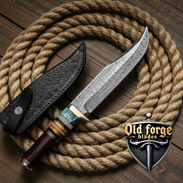Handmade Damascus Dragon Hunting Knife Set with Leather Sheath
