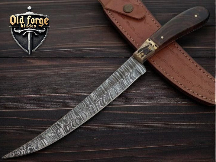 Premium Damascus Fillet Knife – Rosewood & Antler Handle