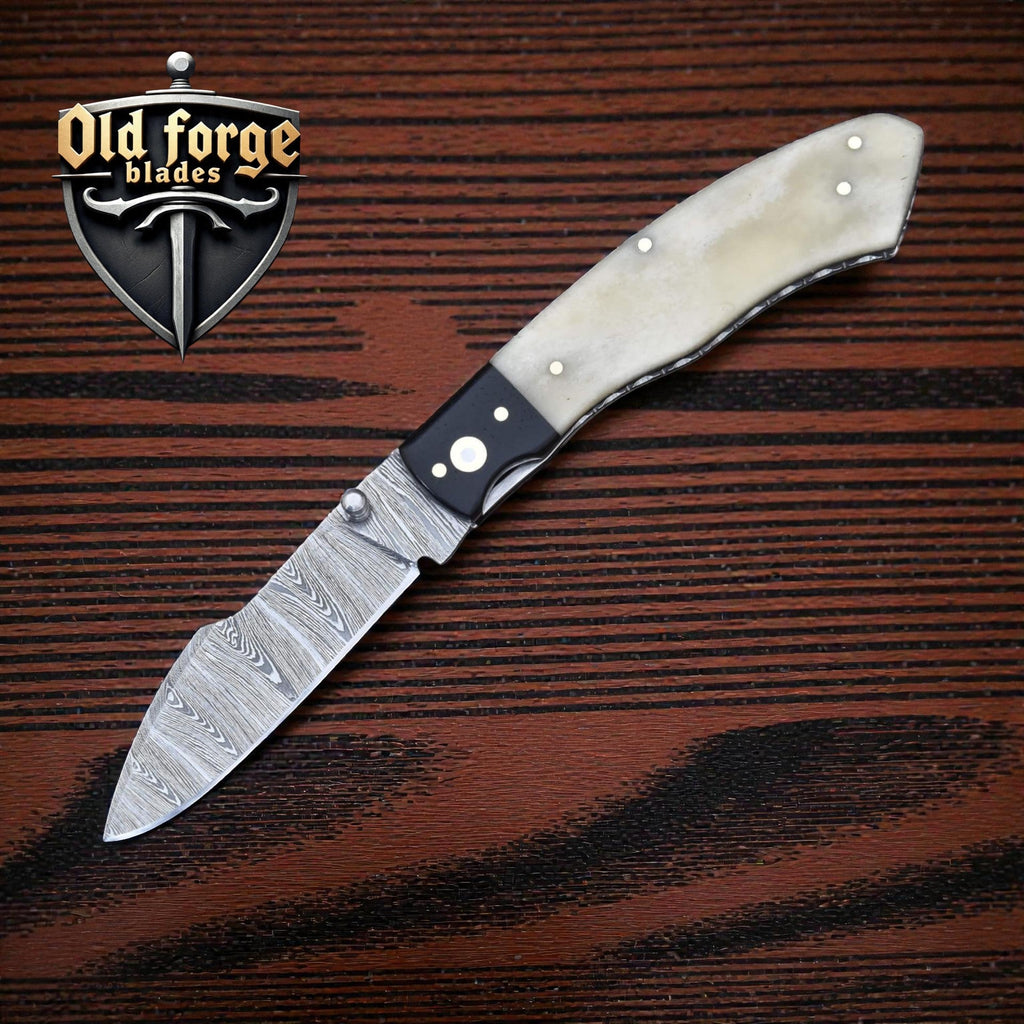 Handmade Damascus Steel Pocket Knife – Micarta & Bone Handle