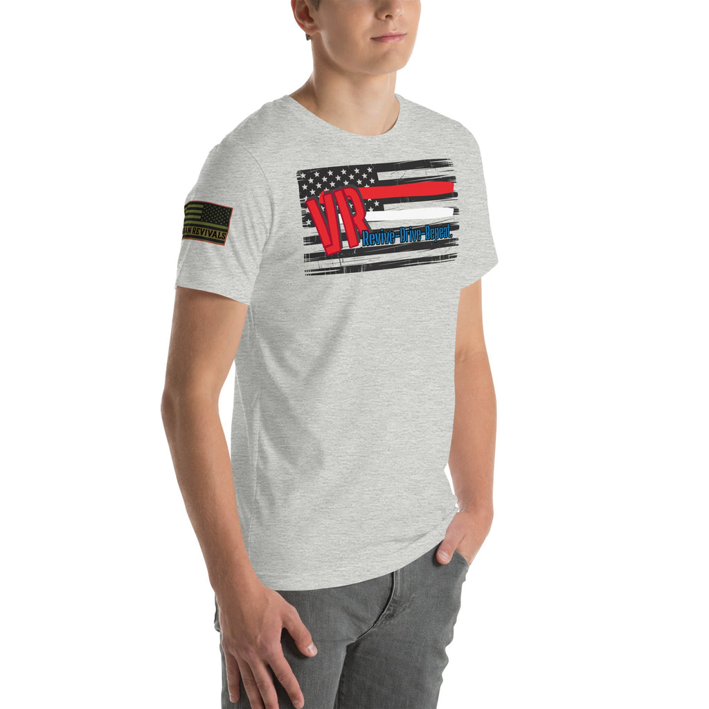 VR Revive Drive Repeat T-Shirt – Distressed American Flag Graphic Tee for Car & Truck Enthusiasts