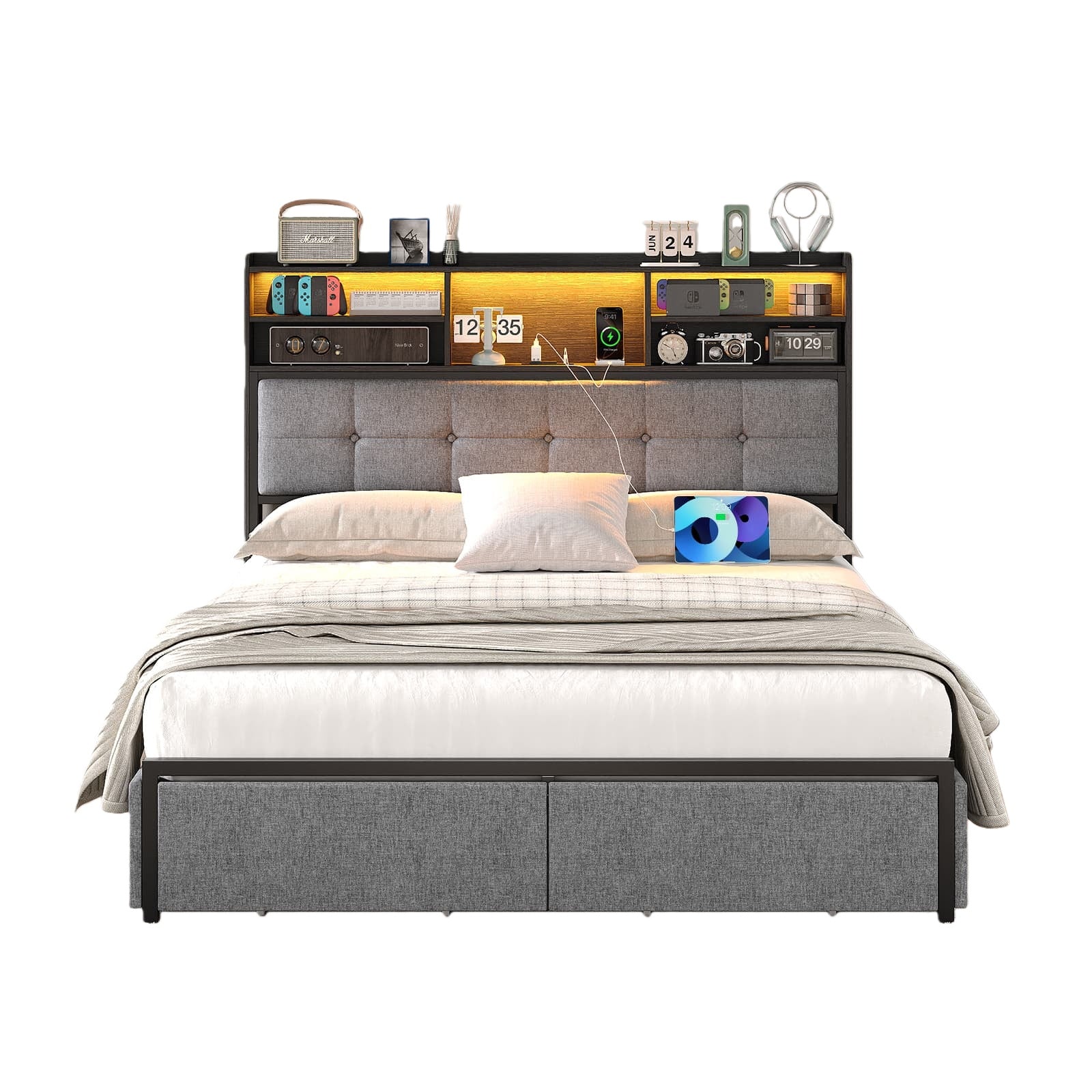 Full LED Bed Frame with LED, USB Charging, Storage Drawers, No Box Spring Needed - Vektaya