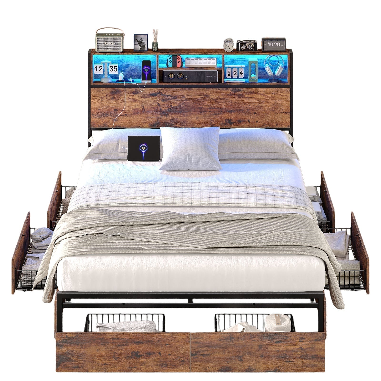 Full LED Bed Frame with LED, USB Charging, Storage Drawers, No Box Spring Needed - Vektaya
