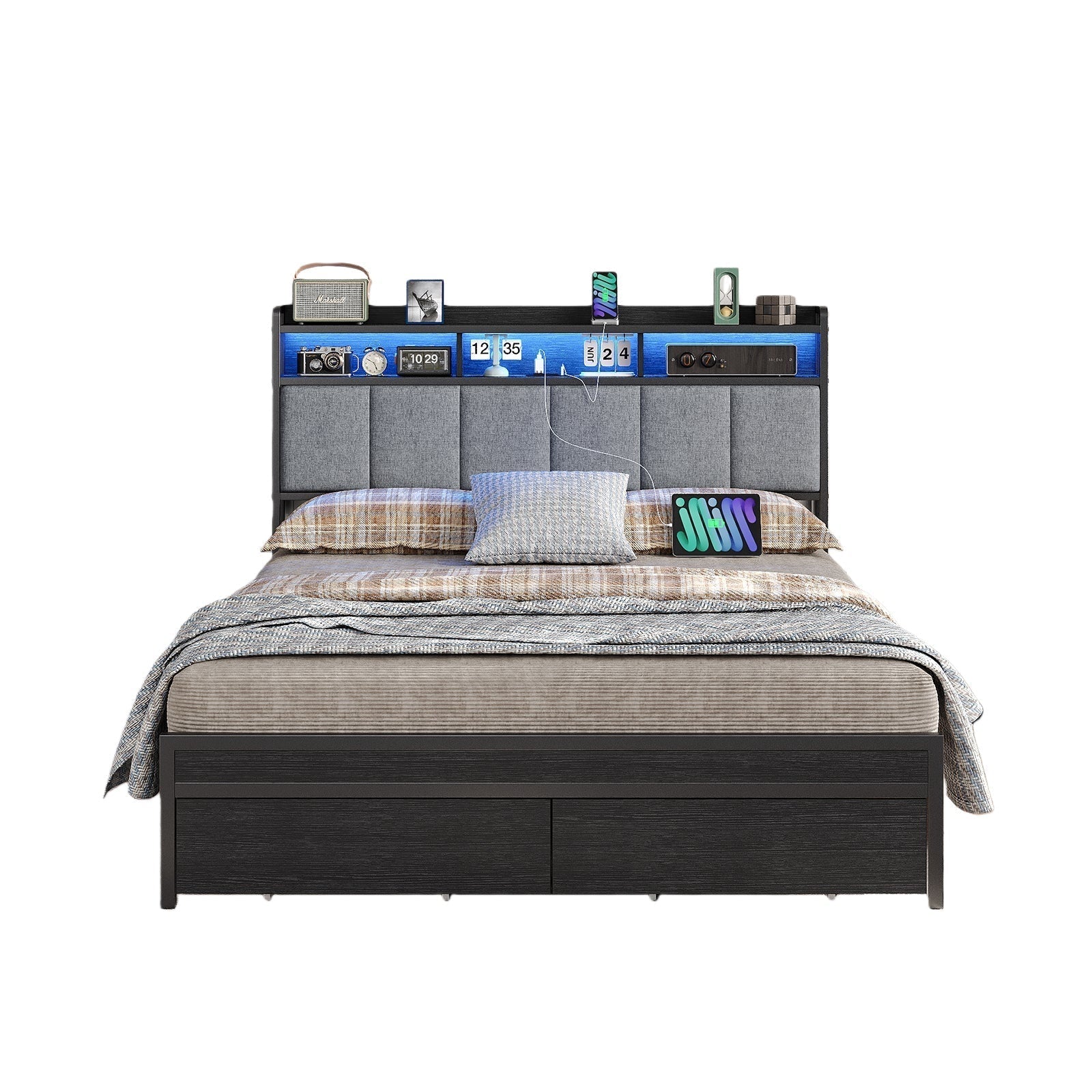 Full RGB LED Bed Frame with RGB LED, USB Charging, Storage Drawers, No Box Spring Needed Black - Vektaya