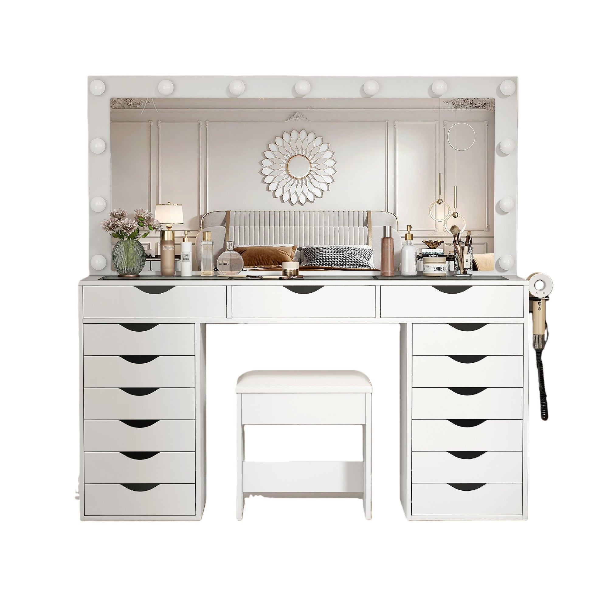 15-Drawer LED Mirror Vanity Desk - Vektaya