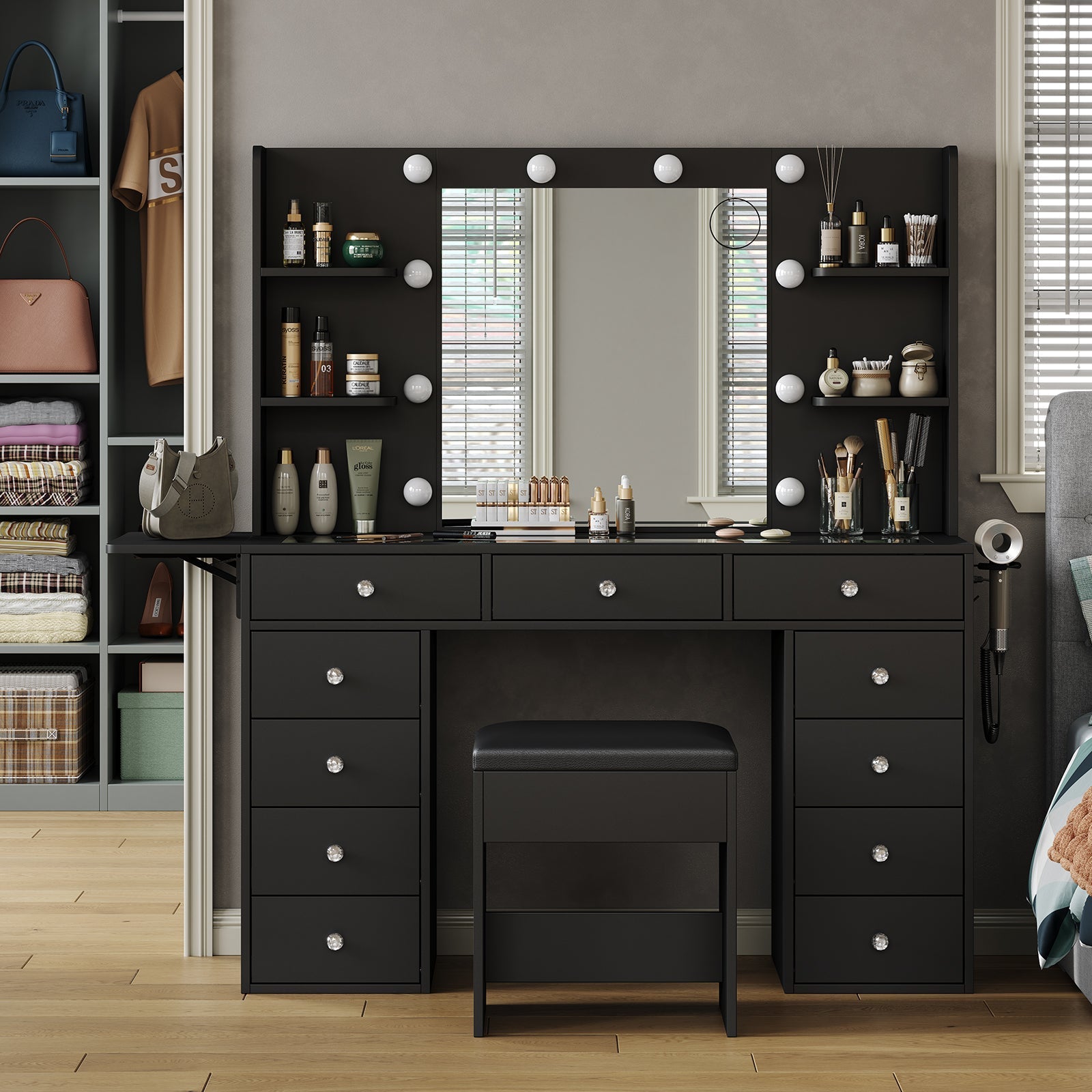 11-Drawer LED Mirror Vanity Desk - Vektaya