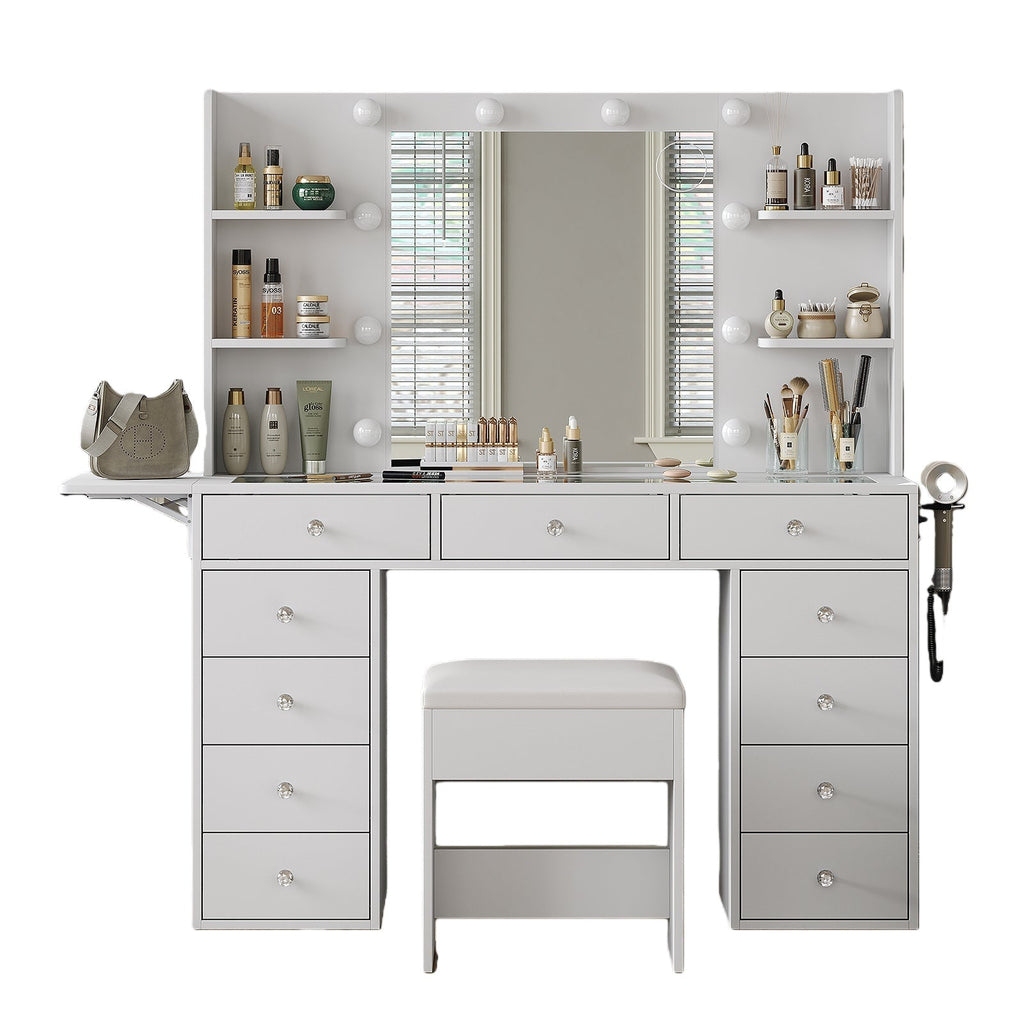 11-Drawer LED Mirror Vanity Desk - Vektaya