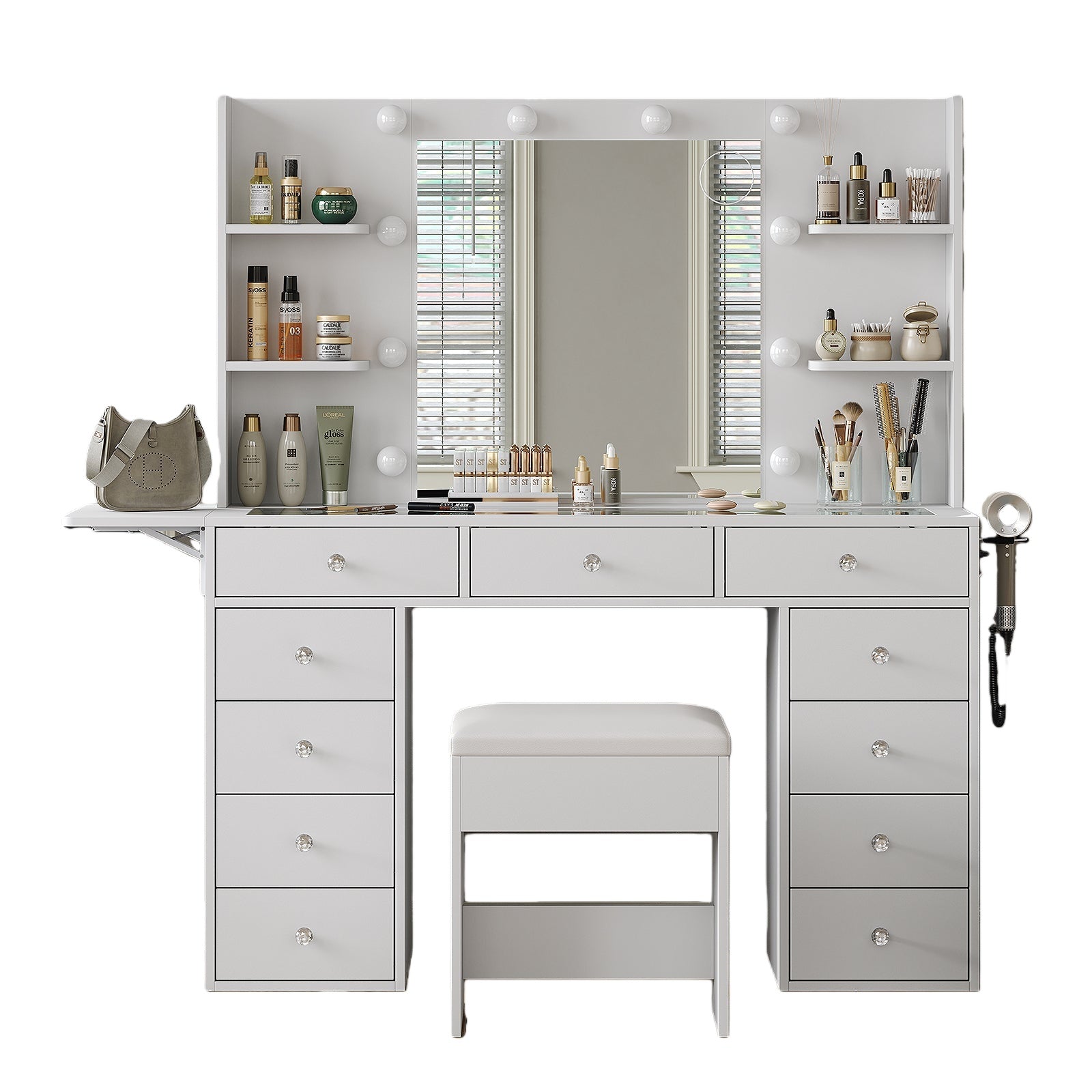 11-Drawer LED Mirror Vanity Desk - Vektaya