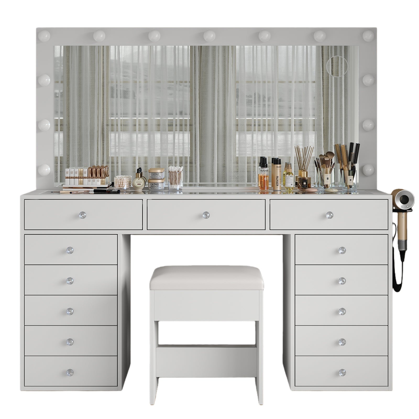 13-Drawer LED Mirror Vanity Desk - Vektaya