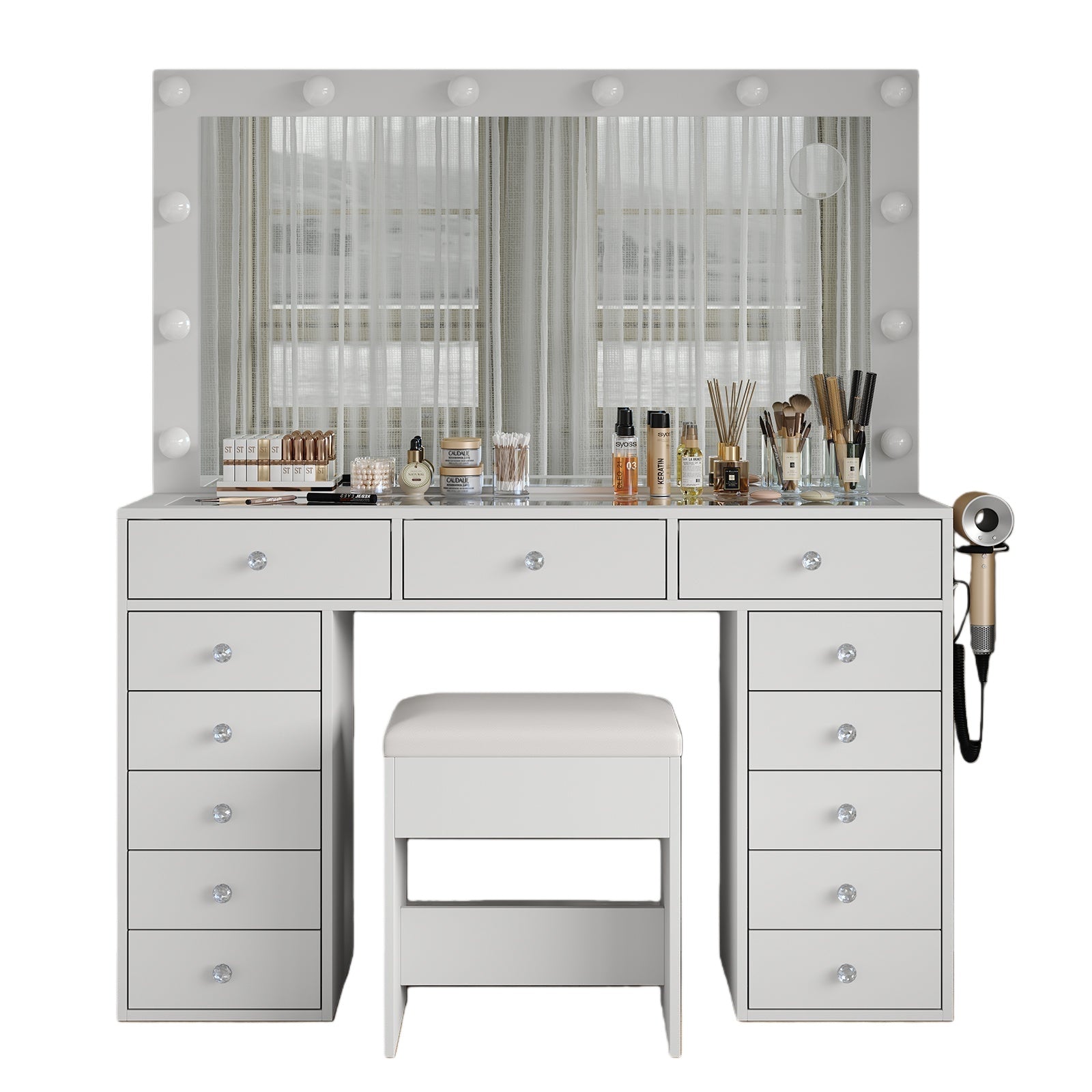 13-Drawer LED Mirror Vanity Desk - Vektaya