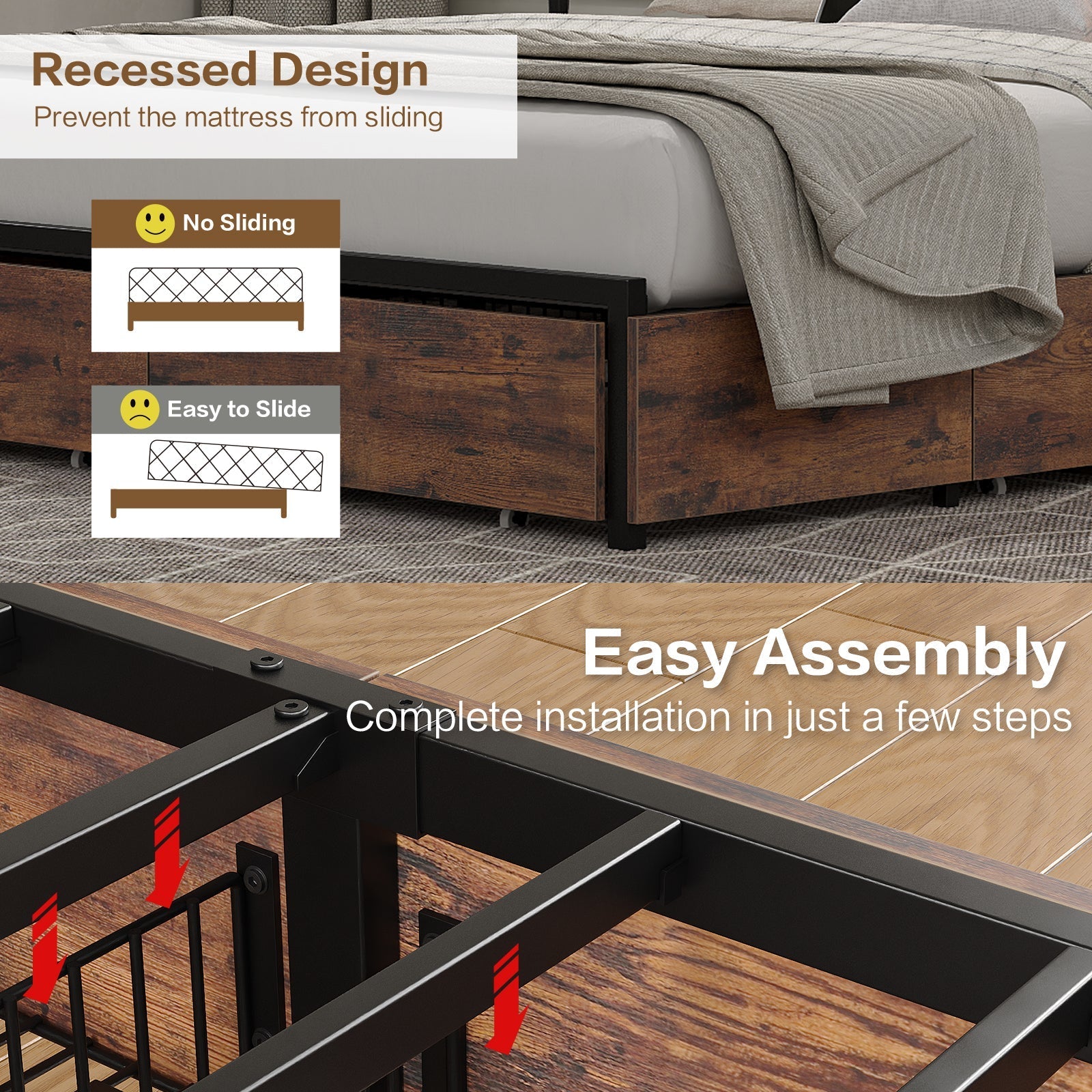 Full LED Bed Frame with LED, USB Charging, Storage Drawers, No Box Spring Needed - Vektaya