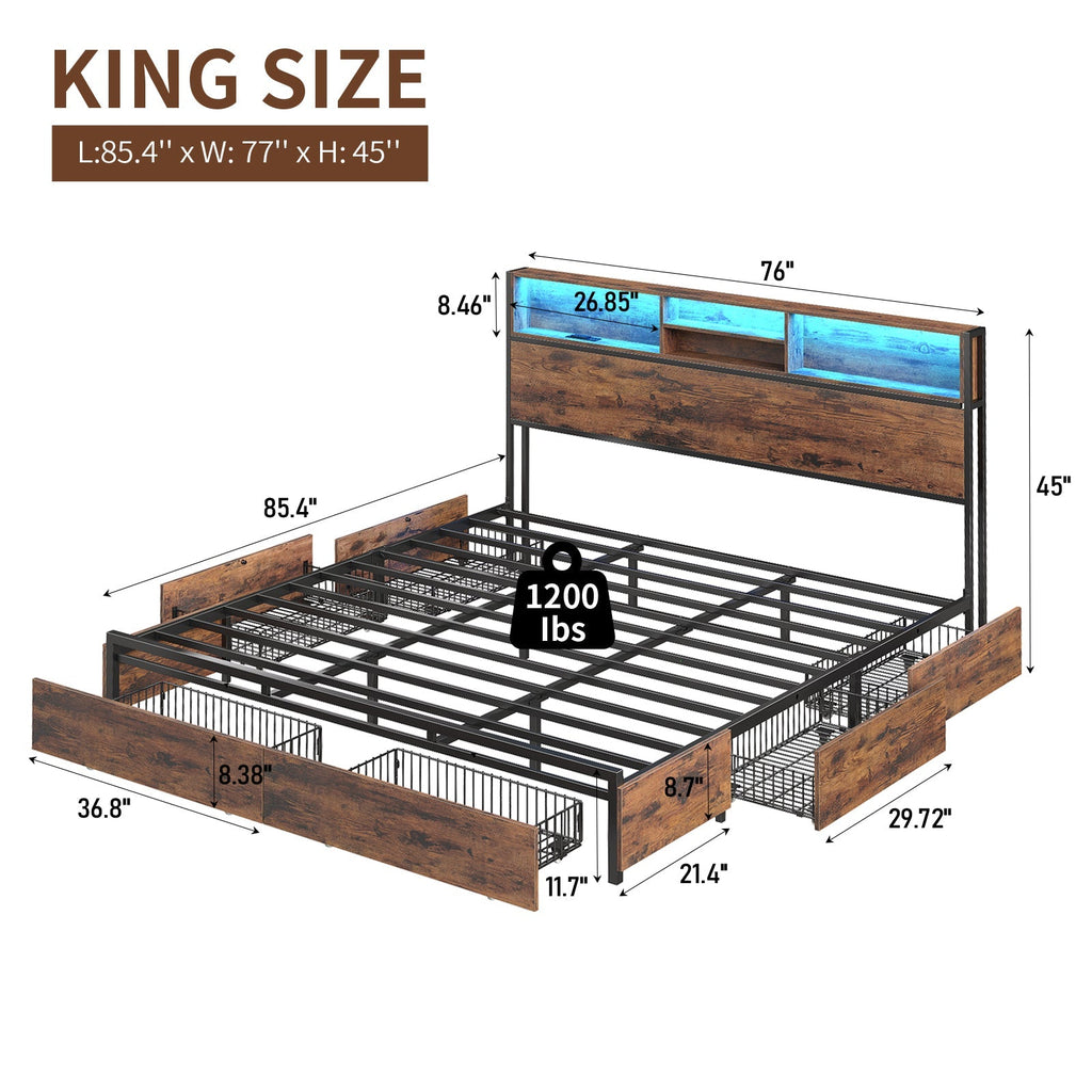 Full LED Bed Frame with LED, USB Charging, Storage Drawers, No Box Spring Needed - Vektaya