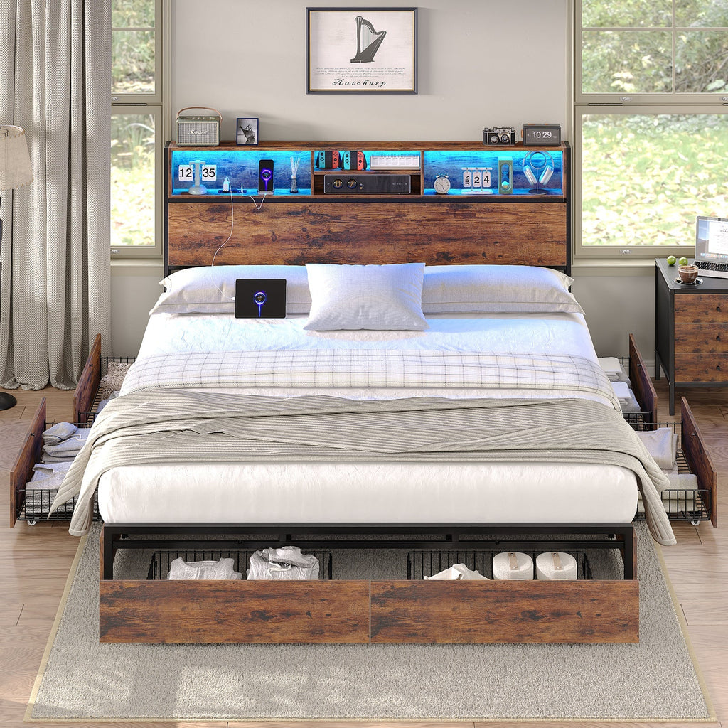 Full LED Bed Frame with LED, USB Charging, Storage Drawers, No Box Spring Needed - Vektaya