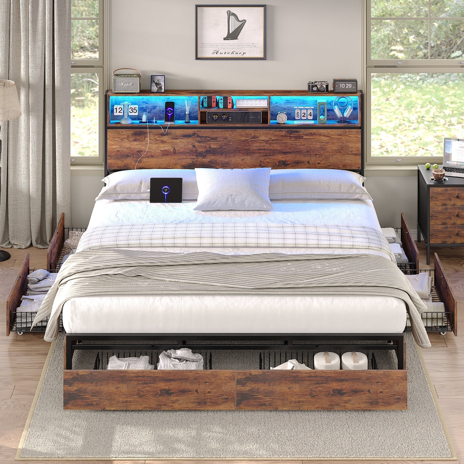 Full LED Bed Frame with LED, USB Charging, Storage Drawers, No Box Spring Needed - Vektaya